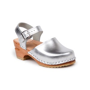 Silver Leather Kids Clogs: Swedish Wooden Sandals