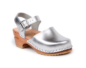 Silver Leather Kids Clogs: Swedish Wooden Sandals
