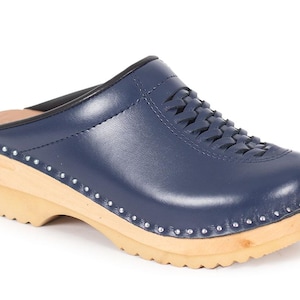 Dark Blue Leather Clogs: Braided Swedish Wooden Mules