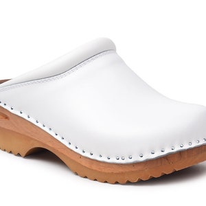 Swedish Classic Clogs, Rembrandt White Leather Working Clogs, Classic Swedish Women&#39;s Clogs, Bastad Troentorp Wooden Clogs, Rembrandt White