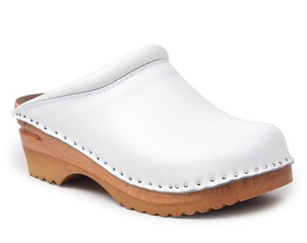 Swedish Classic Clogs, Rembrandt White Leather Working Clogs, Classic Swedish Women's Clogs, Bastad Troentorp Wooden Clogs, Rembrandt White