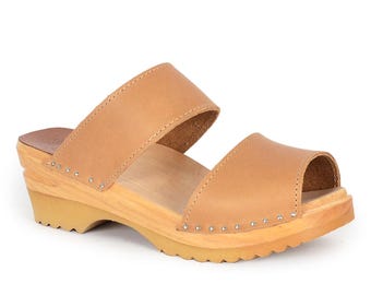 Tan Leather Karin Clog Sandals, Swedish Open Toe Summer Mules