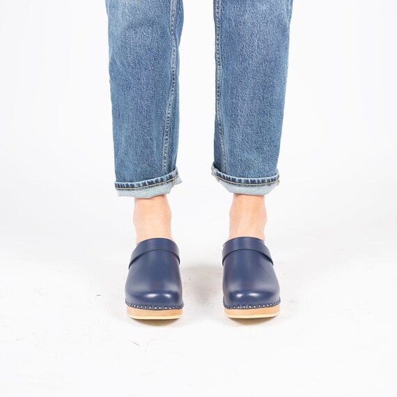 Navy Clogs, Dark Blue Wooden Clogs, Swedish Clogs for Women and 