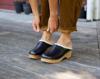 Black Wool Lined Clogs: Troentorp Bastad Mules with Wooden Sole