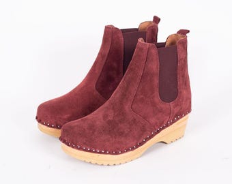 Dark Red Suede Leather Chelsea Clog Boots - Low Heel Swedish Booties