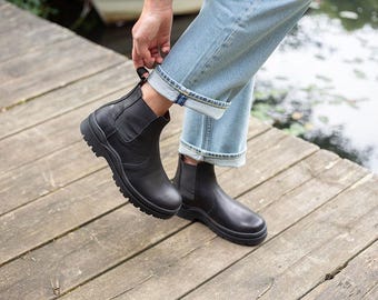 Black Leather Chelsea Boots: Elastic Side, Rubber Sole
