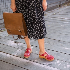 Red Leather Clog Sandals: Swedish Wooden Mules, Adjustable Mary Janes