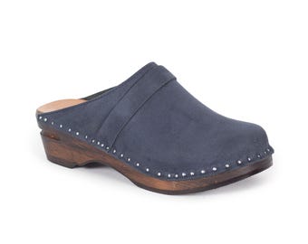 Navy Suede Clogs: Swedish Wooden Mules, Troentorp Original