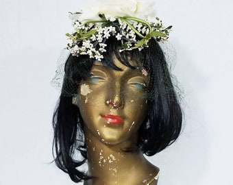 1950's White Floral Headpiece Hat with Green Veil I I. Magnin I Therese Ahrens