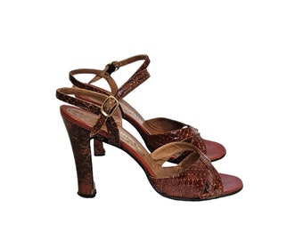 1970's Tobacco Brown Strappy Snake Skin Open Toe Stacked Heel Pumps I Sandals I Shoes I Sz 7 I Mademoiselle