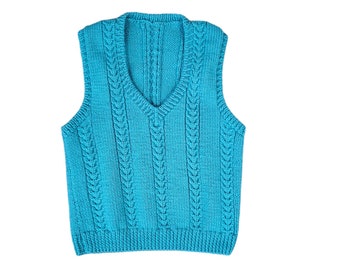 1980's Handknit Turquoise Blue Knit Sweater Vest I Sz Sm