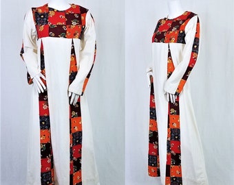 1970's Ivory Patchwork Long Cotton Caftan Dress I Kaftan I Tunic I Pakistan I Hippie I Festival ISz Med