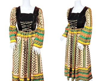 VTG jaren 1970 bruin fluweel Lace Up korset taille psychedelische Maxi jurk I Sz Sm