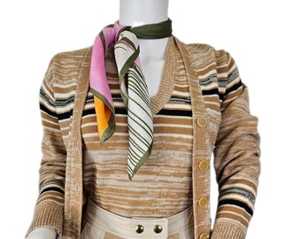 1970er Jahre Tan Grün Streifen Space Dye 2Pc Sweater Weste Set I Sz Med I Cardigan Sweater