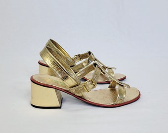 1960's Wedge Heel Metallic Gold Strappy Gladiator Sandals Shoes I Sz 6