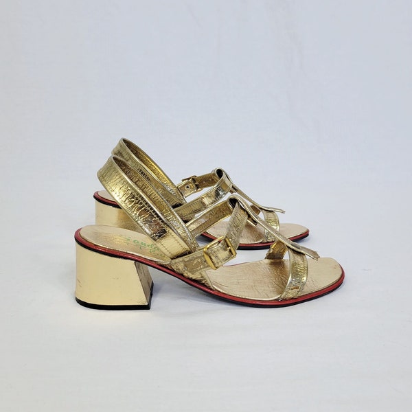 1960's Wedge Heel Metallic Gold Strappy Gladiator Sandals Shoes I Sz 6