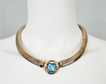 Collier ras de cou signé Regel 1/20 des années 1950 en or 12 carats de style déco, topaze bleue