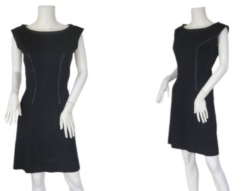 1960's Black Boucle Wool LBD Petite Fitted Dress I  Sz Sm I Secretary I MOD I Patrician