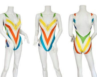 Cole of California 1970's/80's Rainbow Stripe One Piece Bathing Suit Swimsuit I Sz Sm I B: 34"