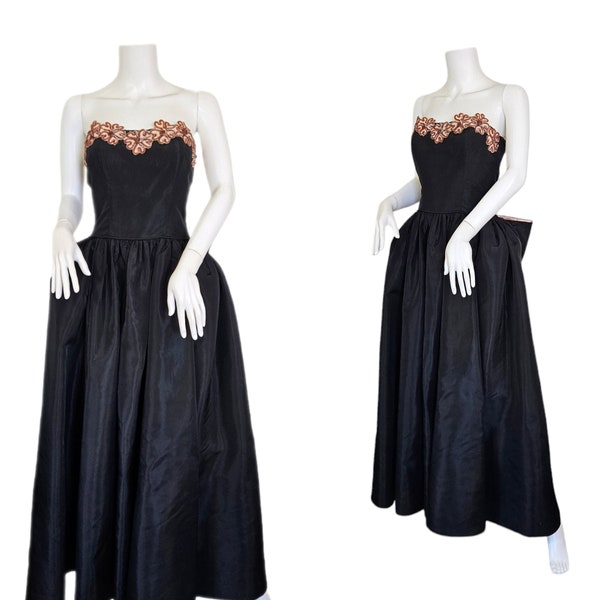 1950's Strapless Black Taffeta Pink Sequin Gown Dress I Sz Med I B: 38"