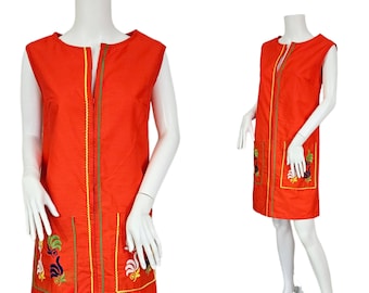 1960's Orange Cotton Embroidered Shift Sleeveless Dress I Sz Lrg