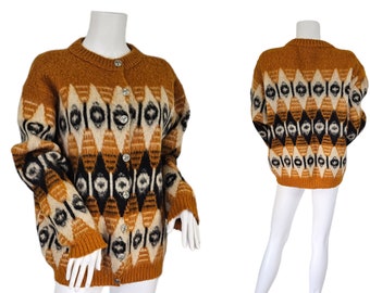 Oversized 1960's Mustard Yellow Brown Icelandic Wool Cardigan Sweater I Sz Lrg I Kurt Cobain I Diamond Pattern