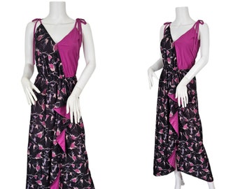 1970's Fuchsia Pink Black Rose Print Poly Maxi Dress I Sz Med I Sleeveless I Flutter