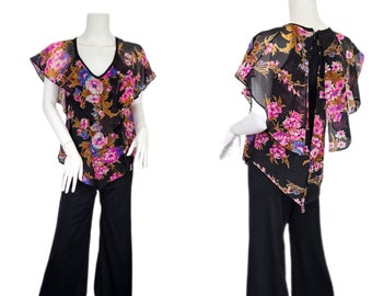 1970's Black Poly Pink Floral Handkerchief Hem One Piece Jumpsuit I Pantsuit I Sz Sm