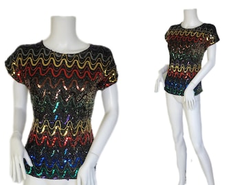 1980's Rainbow Stripe Sequin Gold Lurex Shirt I Top I T Shirt I Sz Med I Copy Cats