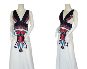 1970's White Linen Blue Psychedelic Graphic Print Long Maxi Dress I Sz Med I R-Modelle