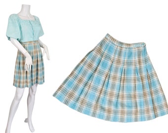 1960's Baby Blue Grey Plaid Wool Pleated Mini Skirt I Sz Sm I Darlenette