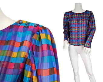 Eber 1980 Sheer Jewel Tone L/S Blusa a cuadros I Camisa I Top I Sz Med