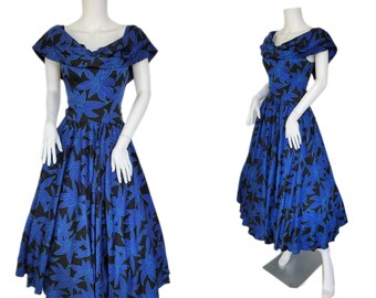 On the Rocks 1980's Blue Black Tropical Leaf Print Dress I Sz Med