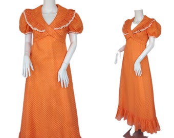 Lorrie Deb 1970's Oranje Polka Dot Maxi Jurk I Sz Sm