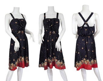 1970's Black Floral Rose Print Cross Back Sleeveless Dress I Sz med I New Raves