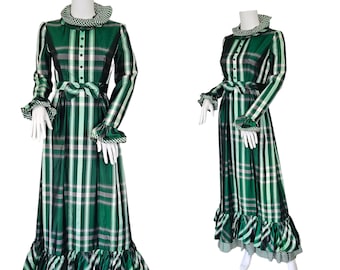 Lorrie Deb jaren 1970 groene geruite Taffeta lange maxi-jurk I Sz Sm I Victoriaans geïnspireerd I My Fair Lady