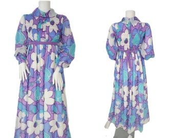 1970's Bold Floral Print Blue Purple Empire Waist Maxi Dress I Sz Sm I Smocked Bodice I Daisy Print