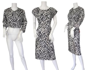NWT 1960's Black White Graphic Print Wiggle Dress with Cropped Jacket I Sz Med I Emporium
