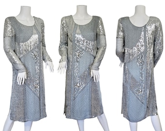 1980's Blue Silver Silk Chiffon Beaded Shift Dress I Sequin Dress I Sz Med I Swee Lo