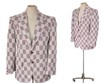 1970's Burgundy Check Print Loud Print Poly Disco Blazer I Sz Med I Sz 40" I Harris & Frank I Sport Coat