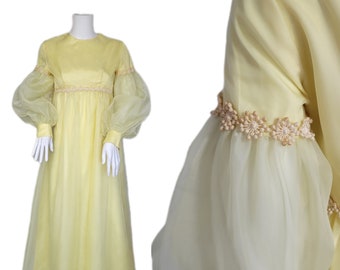 Lorrie Deb 1960's Pale Yellow Bridgerton Style Empire Waist Chiffon Maxi Dress I Sz SM