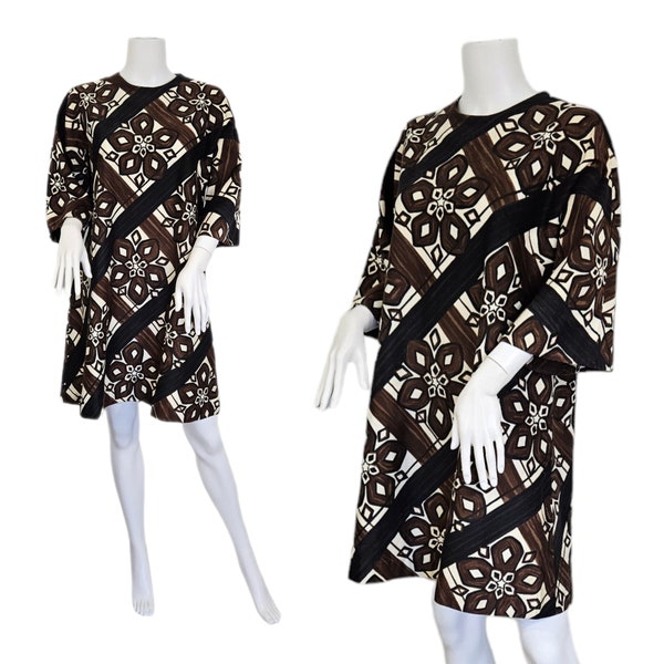 Joseph Magnin 1960's Brown White Cotton Polynesian Print Short Tunic Dress I Sz Lrg I Volup Size Vintage Dress