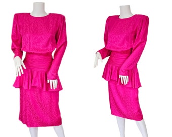 Argenti jaren 1980 neon roze zijden jacquard jurk I maat Med