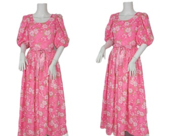 1970's Pink Daisy Print Puff Sleeve Floral Maxi Dress I Sz Med