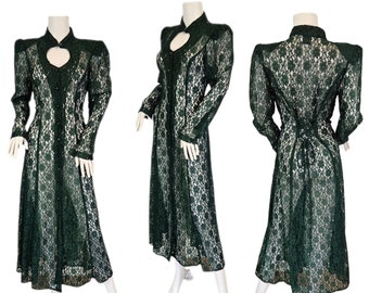 1980's Green Lace Sheer Button Up Corset Waist Dress I Sz Med I Heart Cutout I Joni Blair