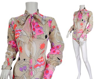 Jantzen 1970's Tan Pink Psychedelic Print Floral One Piece Bodysuit I Sz Med I Nylon