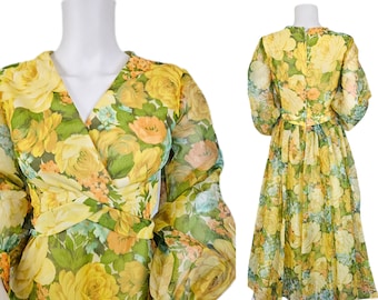 1970's Yellow Chiffon Floral Print Bridesmaid Maxi Dress I Sz Med