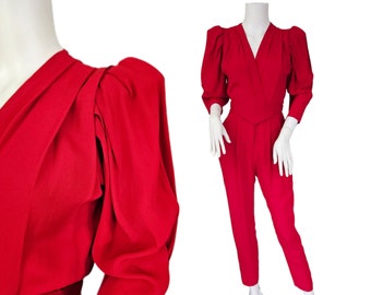 1980's Red Rayon Crepe One Piece Jumpsuit I Pantsuit I Sz Sm I Barbara Barbara