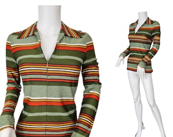 1970's Orange Green Zipper Front Striped Poly Shirt I Top I Sz Sm I Blouse
