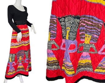 Dramatic 1970's Red Quilted Funky Ladies Maxi Skirt I Dress I Sz Med I Dutchess Jr. I Novelty Print